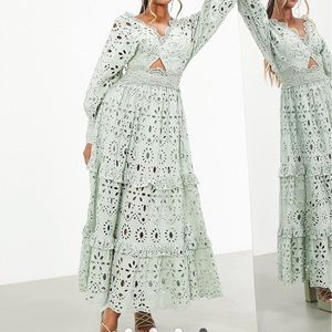 ASOS EDITION v neck broderie midi dress with puff sleeves in sage green